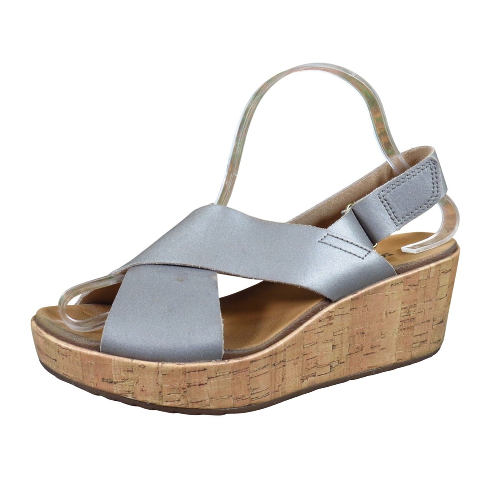 Clarks Stasha Hale Womens Wedge Sandal Size 8.5 Summer Pewter Metallicโ Leather